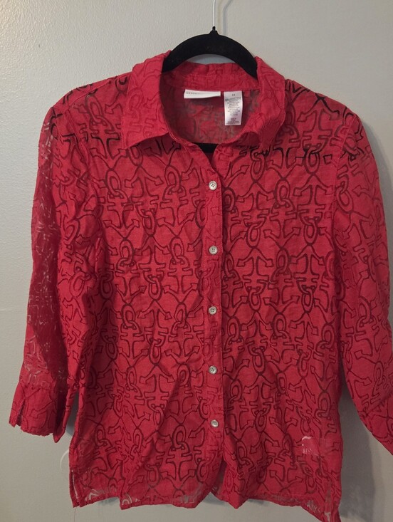 Alfred Dunner Tops - Alfred Dunner Women's Red Sheer Anchor Button Up Blouse Top 3/4 Sleeve Sz 10